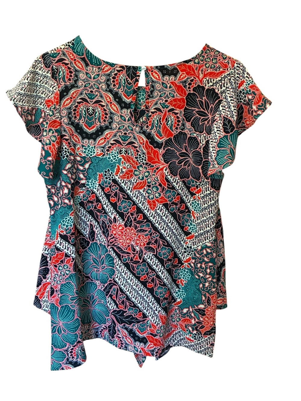 Floral Tie-Front Women’s Top in Teal and Coral - Picture 2 of 7